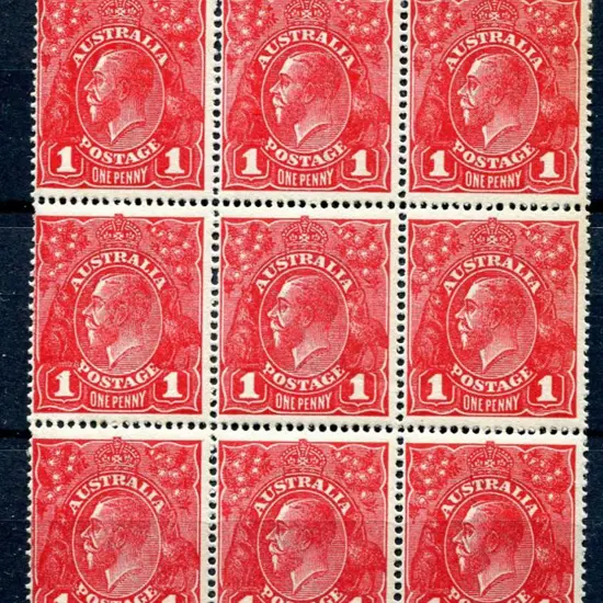 1914-20 Single Watermark 1d deep red aniline block ...