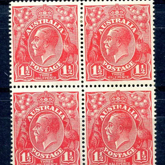 1914-20 Single Watermark 1½d red block of 4 with 2 ...