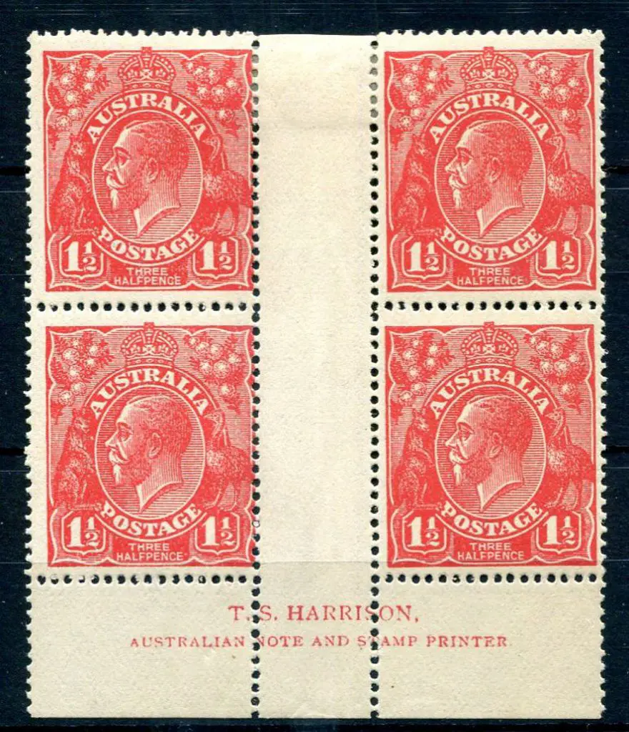 1914-20 Single Watermark 1½d red imprint block of ... Image 1++
