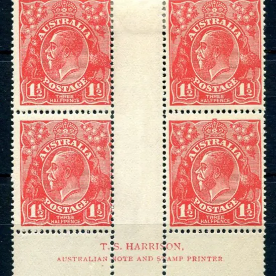 1914-20 Single Watermark 1½d red imprint block of ...