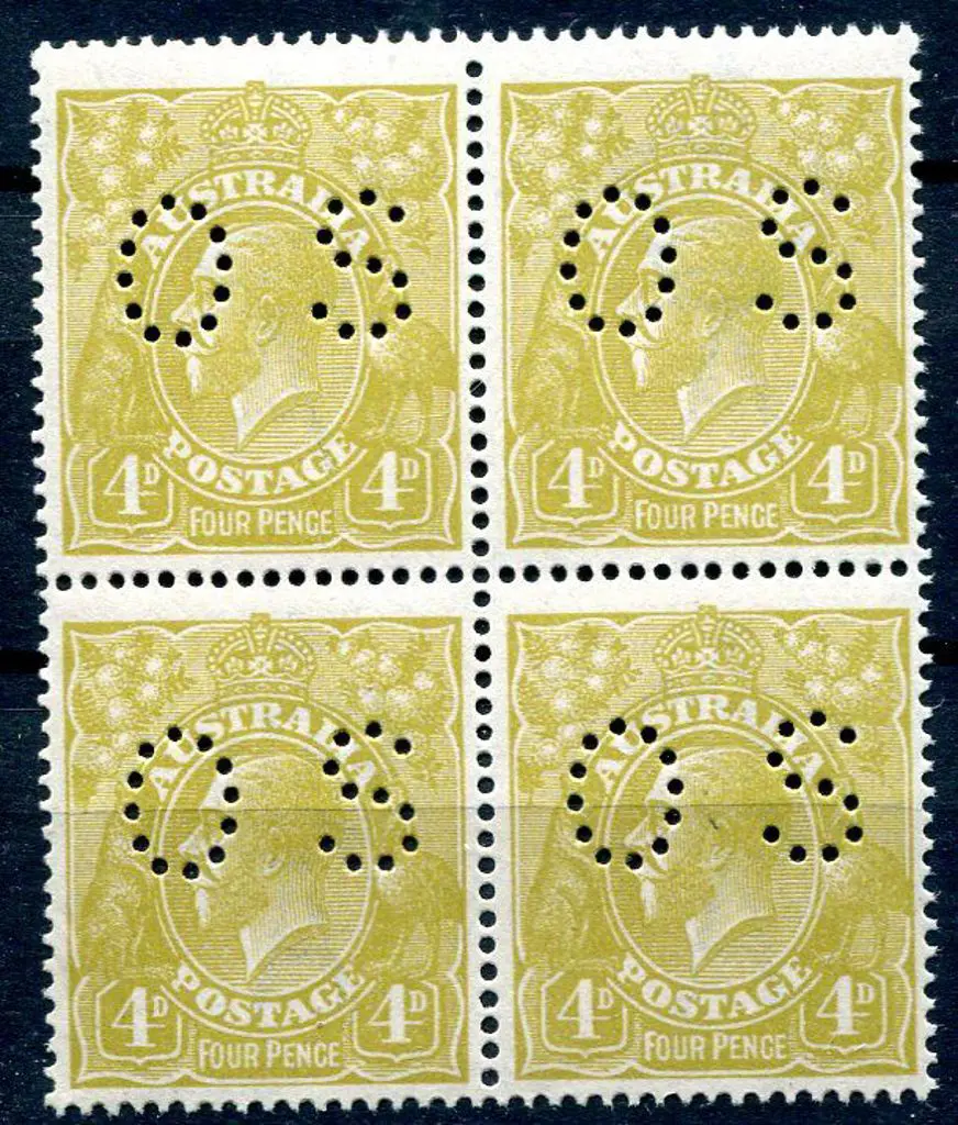 1914-20 Single Watermark 4d olive block of 4 ... Image 1++