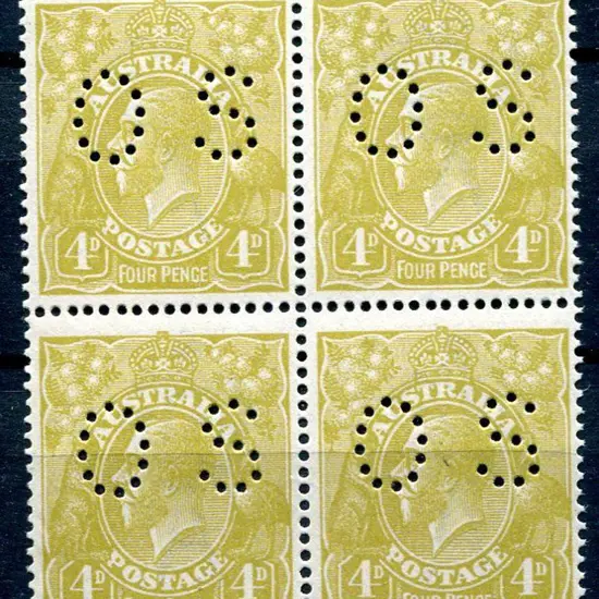 1914-20 Single Watermark 4d olive block of 4 ...