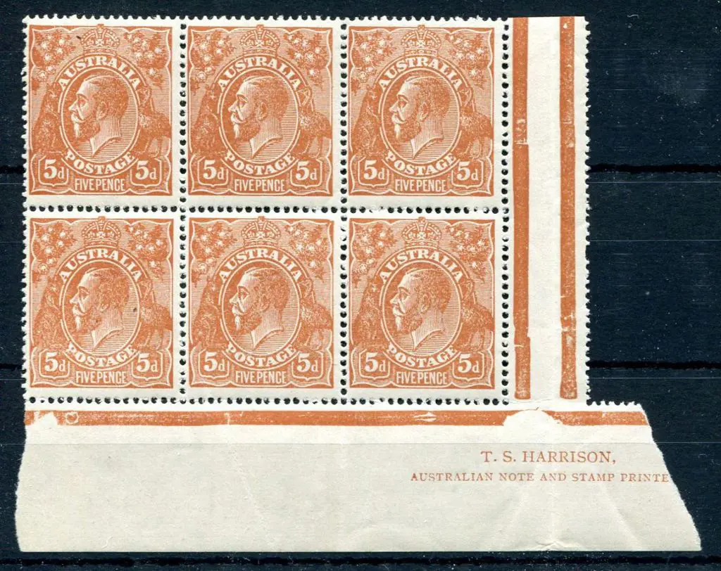 1914-20 Single Watermark 5d chestnut gutter block ... Image 1++