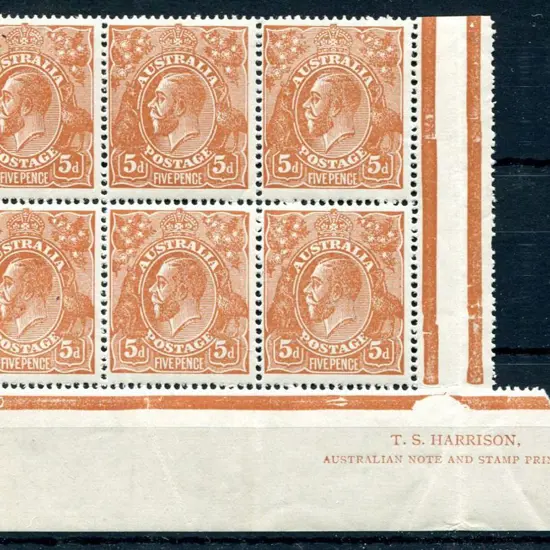 1914-20 Single Watermark 5d chestnut gutter block ...