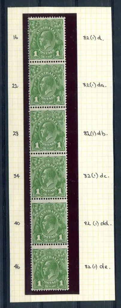 1931-36 CofA 1d green vertical strip of 6 with ... Image 1++