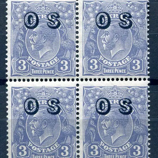 1931-36 CofA 3d ultramarine block of 4 ovptd "OS" ...