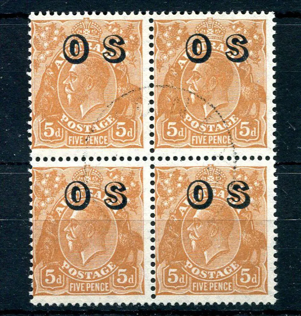 1931-36 CofA 5d orange-brown ovptd "OS" F/U block ... Image 1++