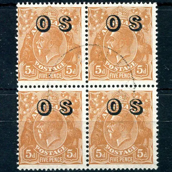 1931-36 CofA 5d orange-brown ovptd "OS" F/U block ...