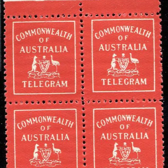 1912 Telegram labels top marginal block of 4. ...