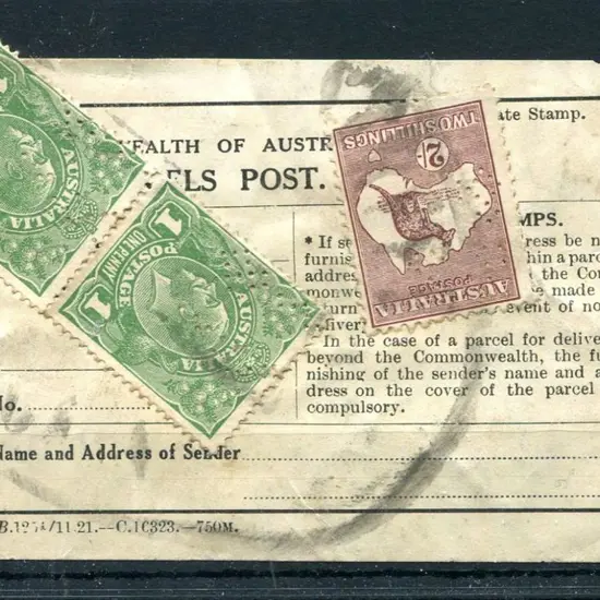 1922c COA Parcels Post label with 2/- kangaroo & ...