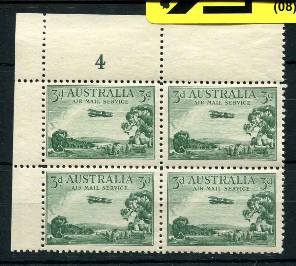 1929 3d Airmail, type B, top left plate 4 block of ... Image 1++