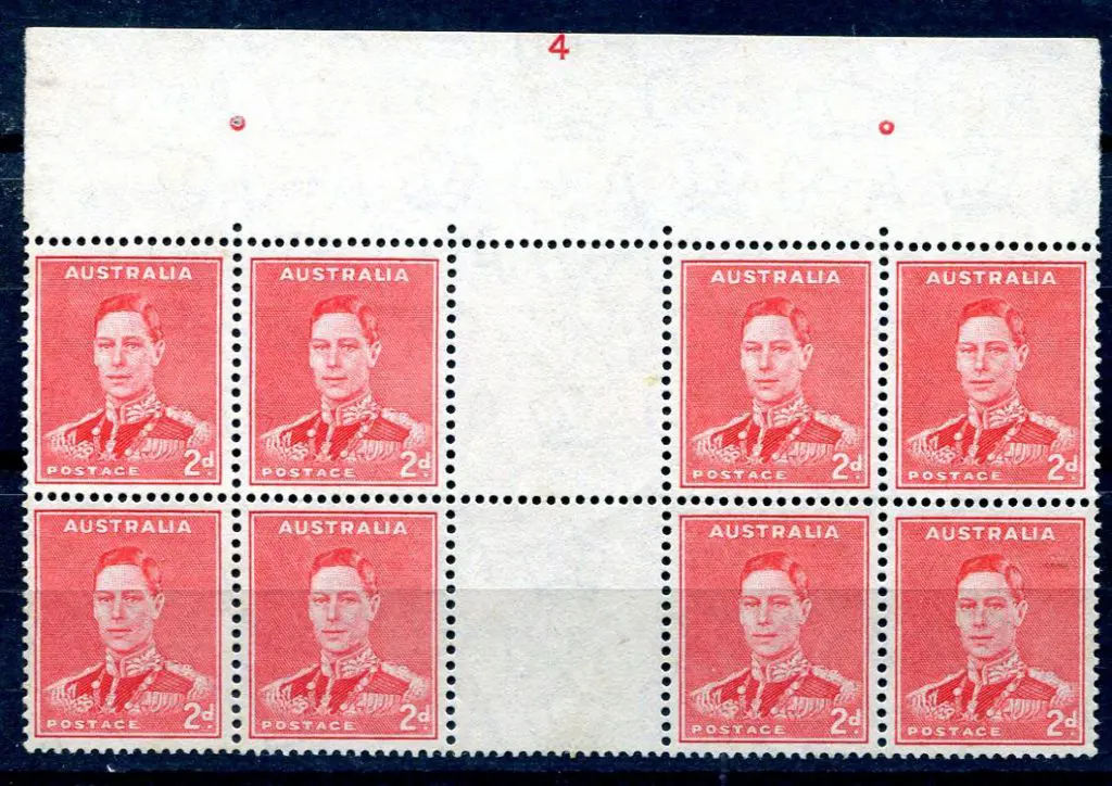 1938/41 2d red KGVI in Plate No. 4 top marginal ... Image 1++
