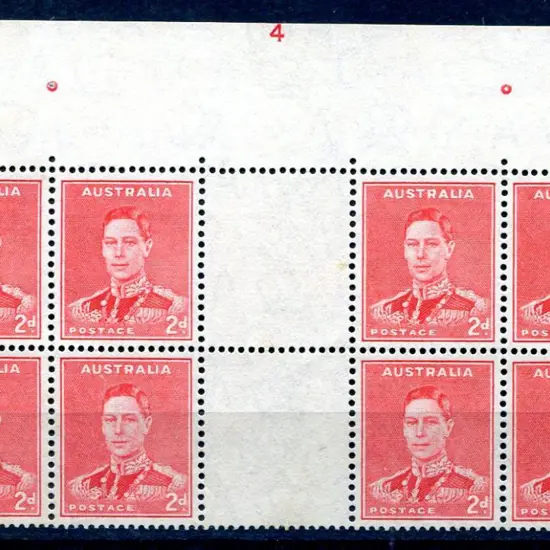 1938/41 2d red KGVI in Plate No. 4 top marginal ...