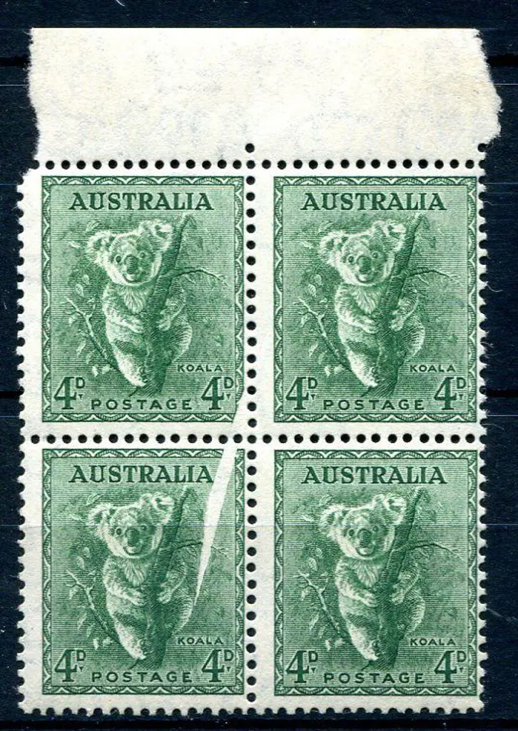 1938/57 4d koala, perf. 14¾x14, top selvedge block ... Image 1++
