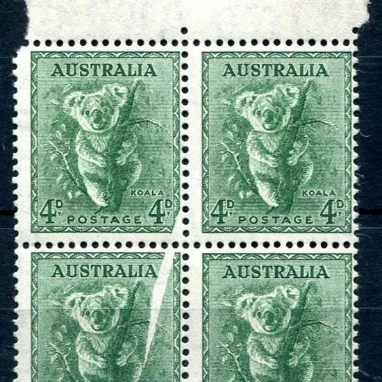 1938/57 4d koala, perf. 14¾x14, top selvedge block ...