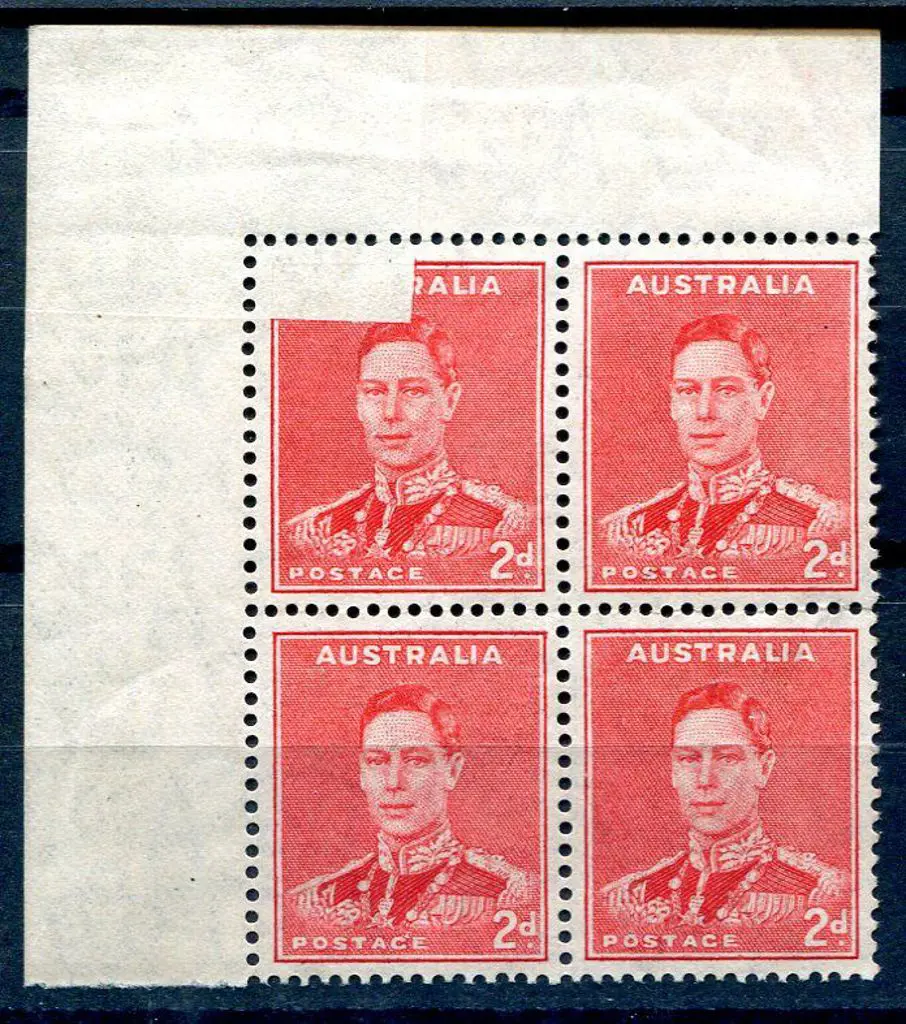 1937/49 2d red KGVI upper left corner block of 4 ... Image 1++