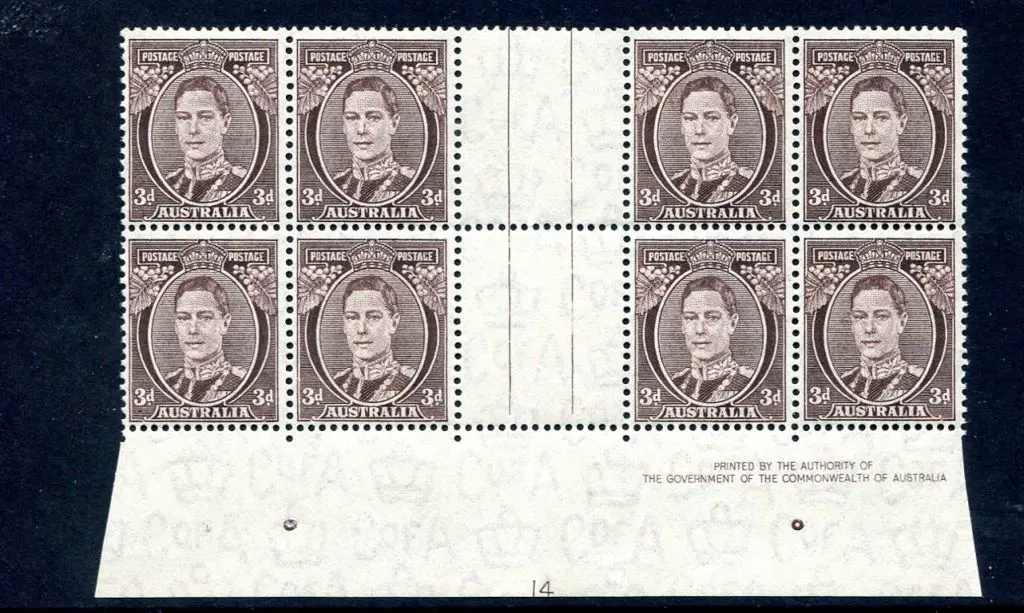 1941 3d brown KGVI bottom centre plate 14 gutter ... Image 1++