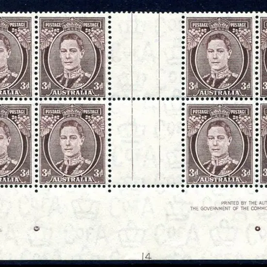 1941 3d brown KGVI bottom centre plate 14 gutter ...