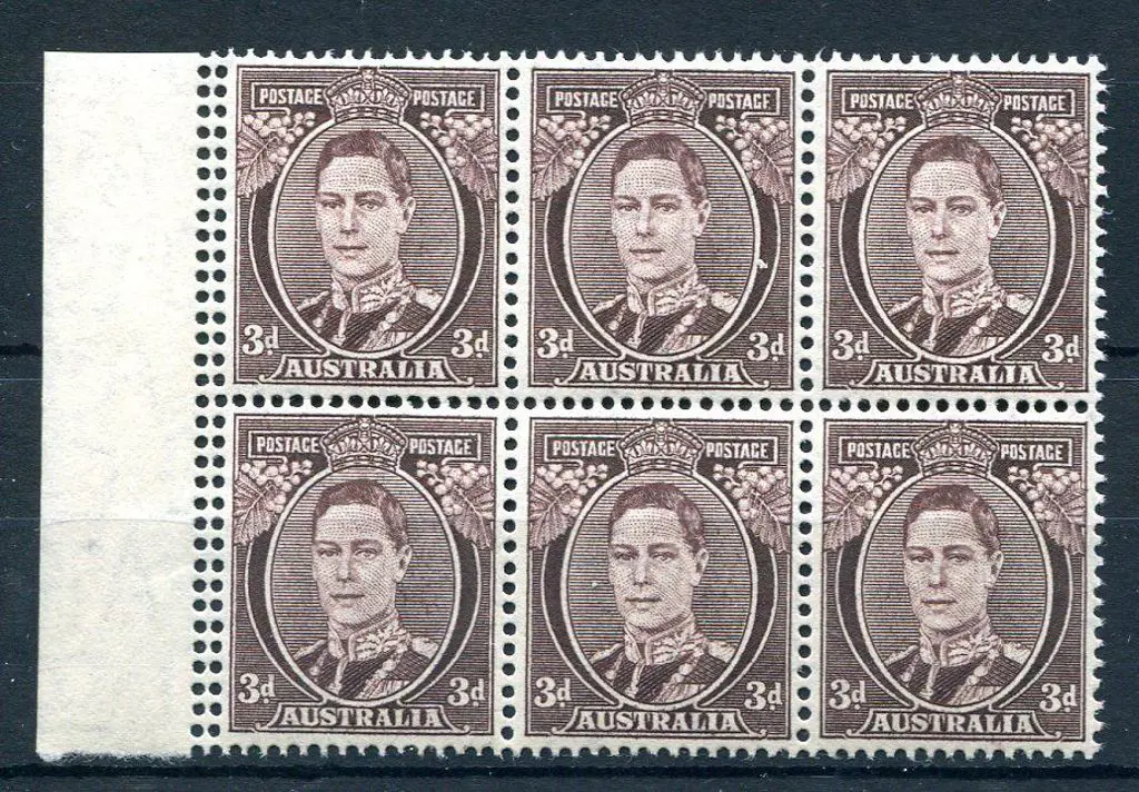 1941/51 3d brown KGVI left marginal block of 6 ... Image 1++