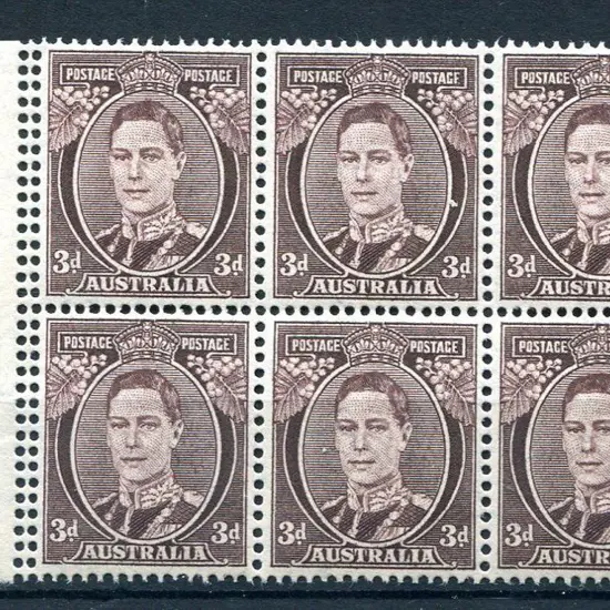 1941/51 3d brown KGVI left marginal block of 6 ...