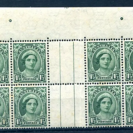 1942 1½d green QM top selvedge gutter block of 8 ...