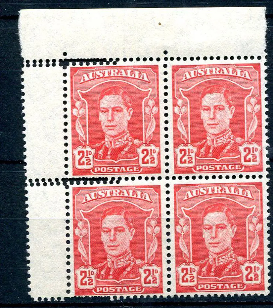 1942/50 2½d scarlet KGVI selvedge block of 4 with ... Image 1++