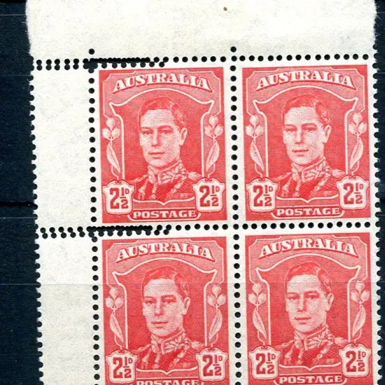 1942/50 2½d scarlet KGVI selvedge block of 4 with ...