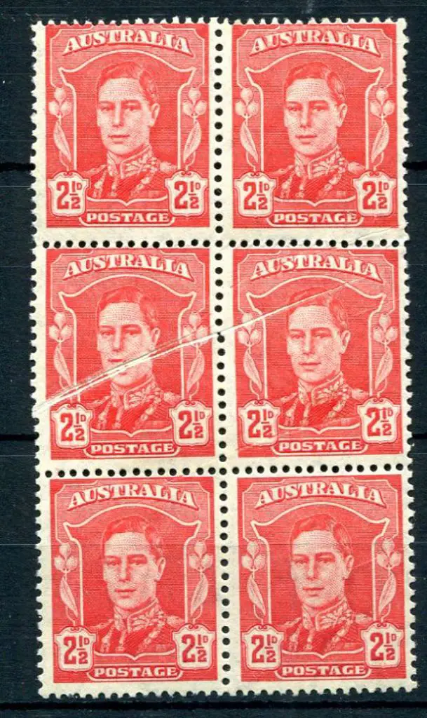 1942/50 2½d scarlet KGVI vertical block of 6 with ... Image 1++