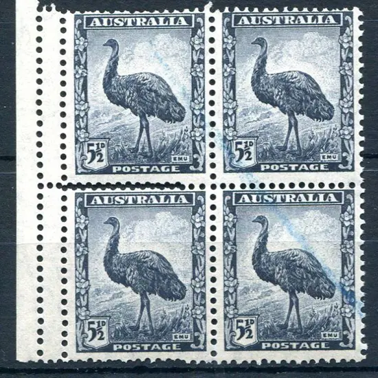 1942/51 5½d emu in left margin block of 4 showing ...