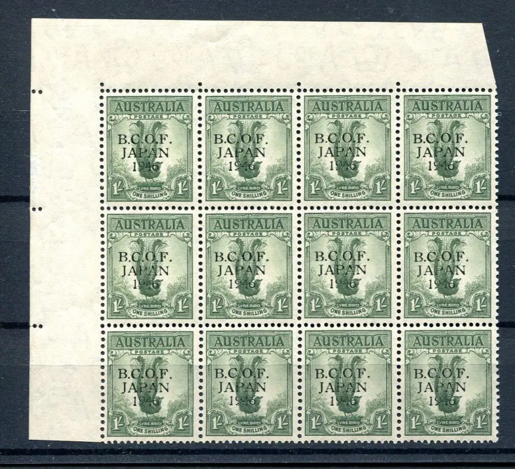 1946 BCOF 1/- dull green upper left marginal block ... Image 1++
