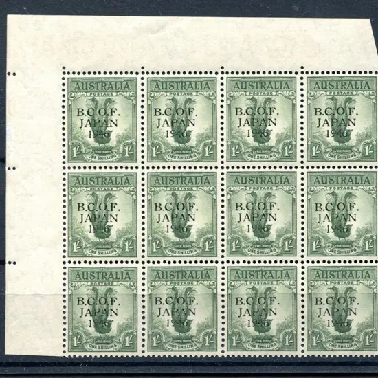 1946 BCOF 1/- dull green upper left marginal block ...