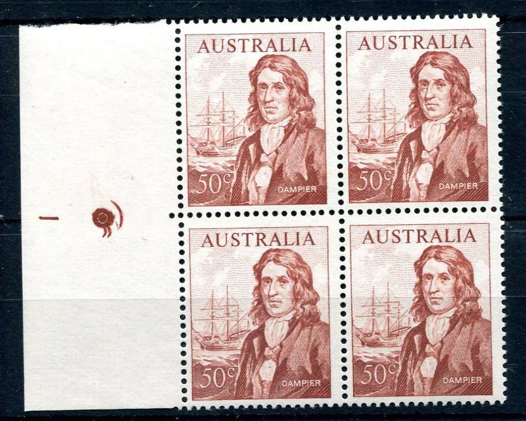 1966 50¢ Dampier, plate 1, block of 4 with plate ... Image 1++