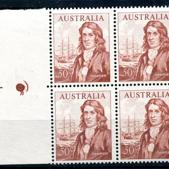 1966 50¢ Dampier, plate 1, block of 4 with plate ...