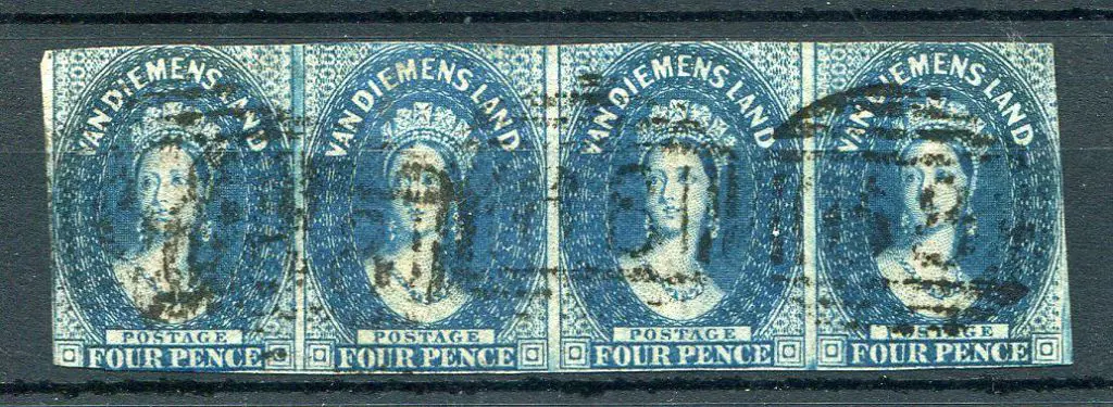 1855 4d deep blue strip of 4 used with "BI" Barred ... Image 1++