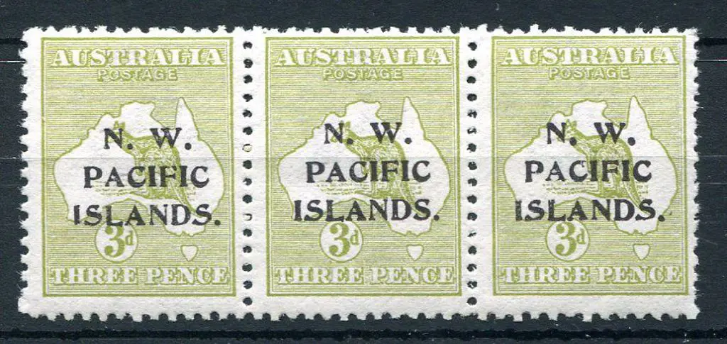 1915/16 3d yellow-olive, Die I horiz strip of 3 ... Image 1++