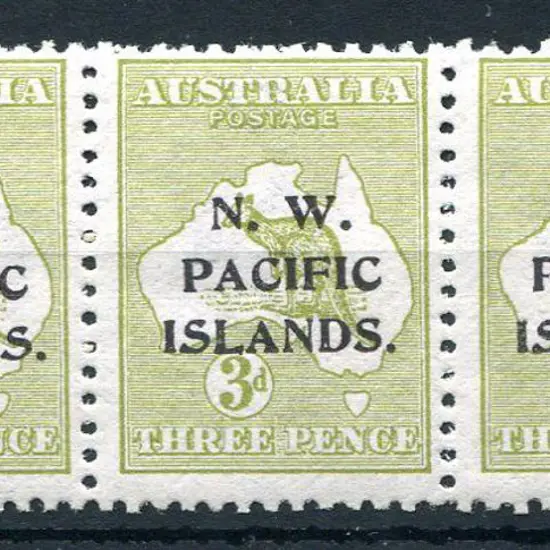 1915/16 3d yellow-olive, Die I horiz strip of 3 ...