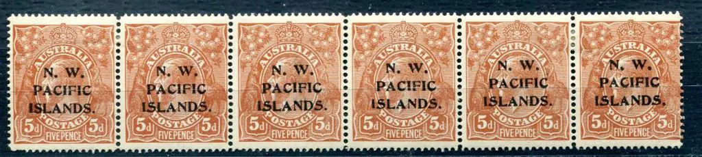 1915/16 5d brown horiz strip of 6 showing transfer ... Image 1++