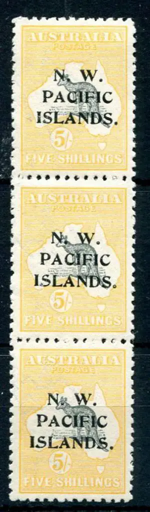 1915/16 5/- grey & yellow strip of 3 with "a", "b" ... Image 1++