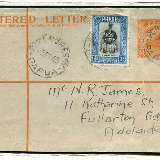 1935 (5th Feb) Part of a printed 4d orange Lakatoi ...