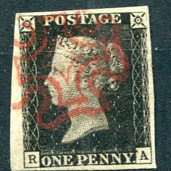 1840 1d black, plate 1b fine used by crisp red MC. ...