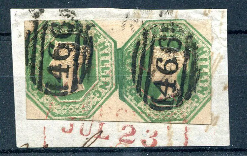1847/54 1/- green pair on piece tied by Liverpool ... Image 1++