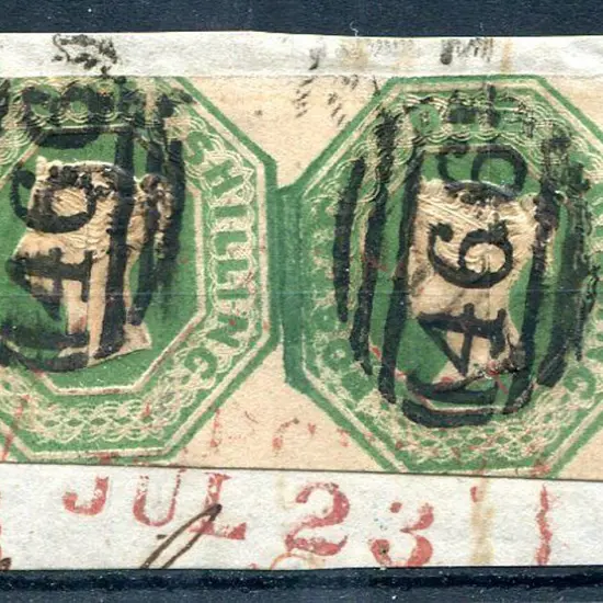 1847/54 1/- green pair on piece tied by Liverpool ...