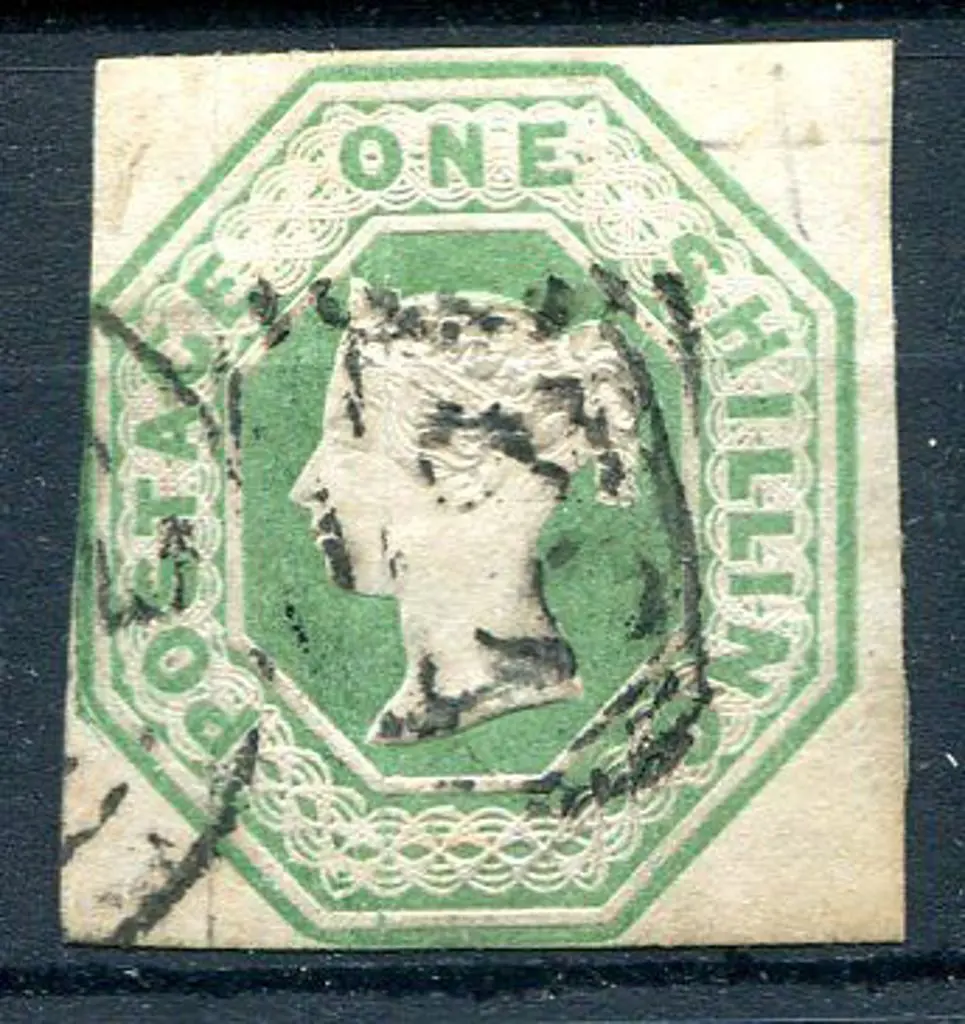 1847/54 1/- green embossed cut square touching at ... Image 1++