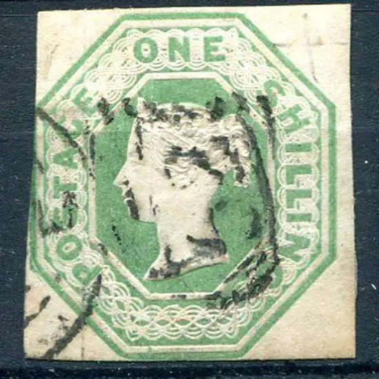 1847/54 1/- green embossed cut square touching at ...