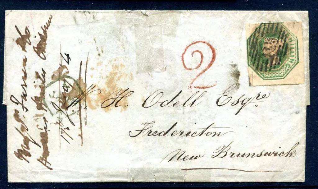 1847/54 1/- green embossed on New Brunswick ... Image 1++