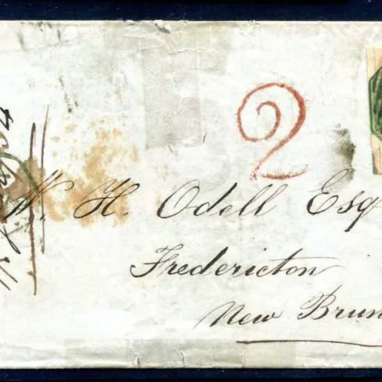 1847/54 1/- green embossed on New Brunswick ...