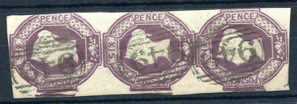 1847/54 6d mauve embossed in vertical strip of 3 ... Image 1++
