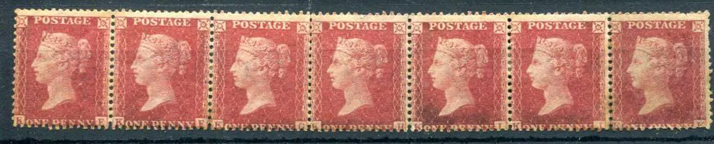 1861 1d rose red horiz strip of 7 lettered KE-KK, ... Image 1++