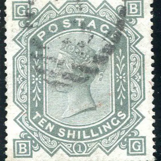 1867/83 10/- grey-green, plate 1 on blued paper. ...