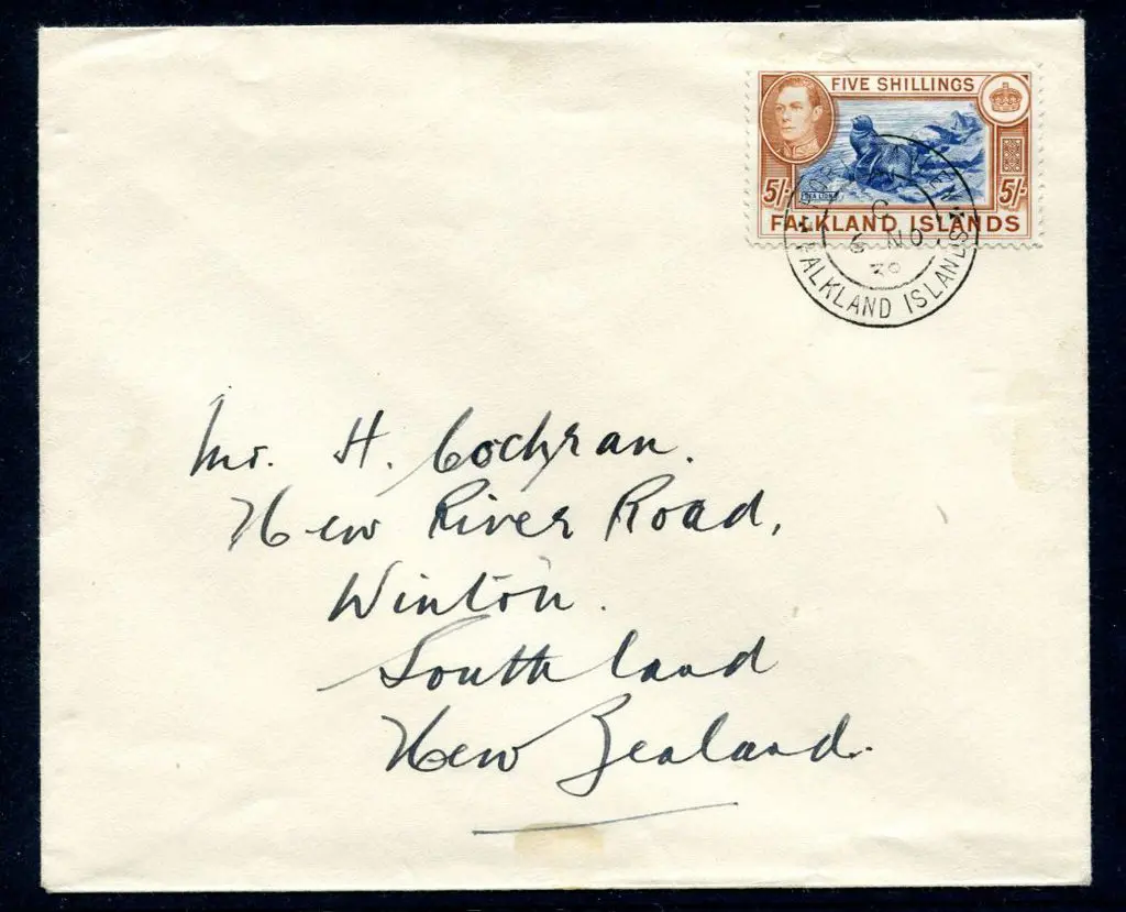 Falkland Is 1939 (6th Nov) cover with 1938/50 5/- ... Image 1++